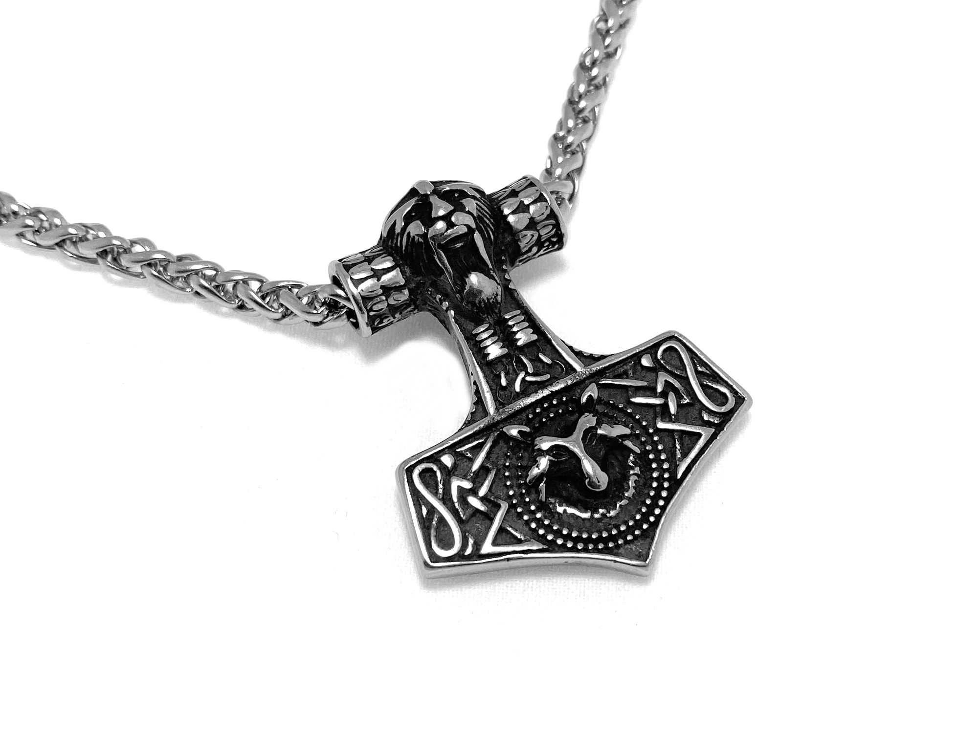 Torshammare med Fenrisulven och Viking Halsband i Rostfritt Stål, Viking Hänge, Mjölner Smycke
