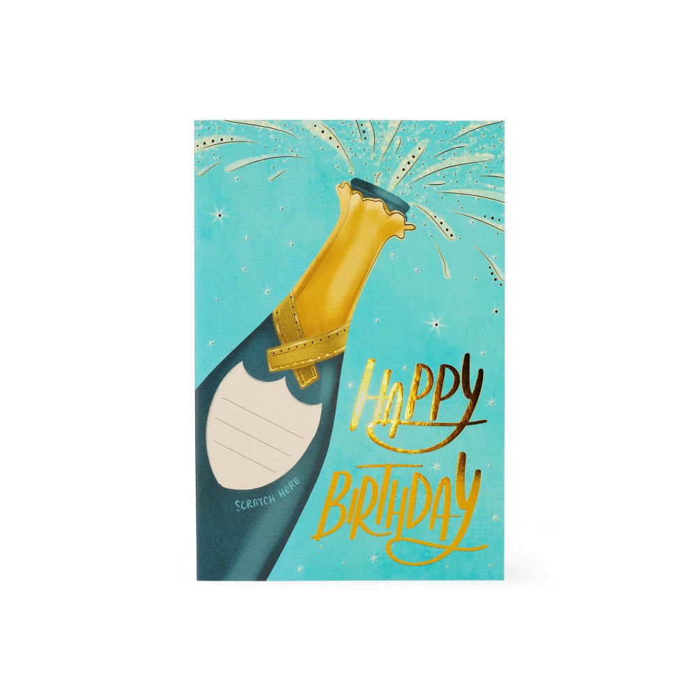Scratch off card, Happy birthday (champagneflaska), kort