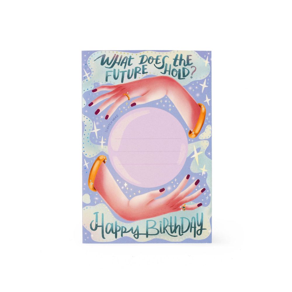 Scratch off card, Happy birthday (hænder og spåkugle), kort
