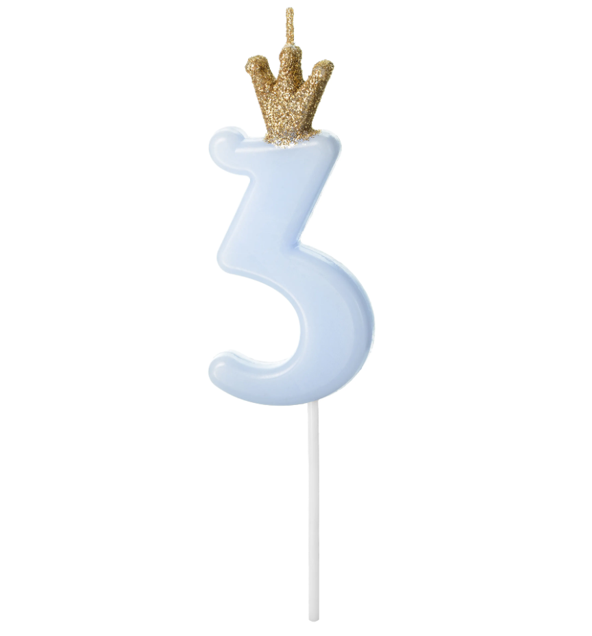 Number candle 3 with a crown, light blue