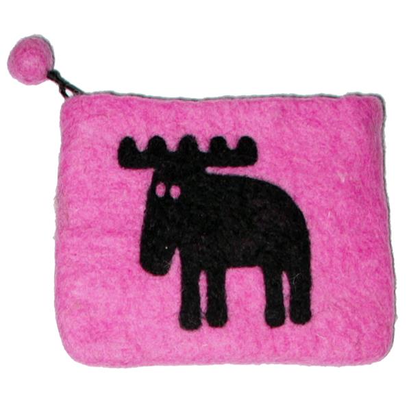 Moose felted purse, organic wool pink