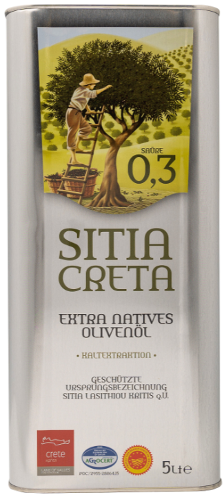 Extra Virgin Olive Oil - 0,3% - Sitía ( silver ) from Crete - Protected Designation of Origin stamp - 5 Liter