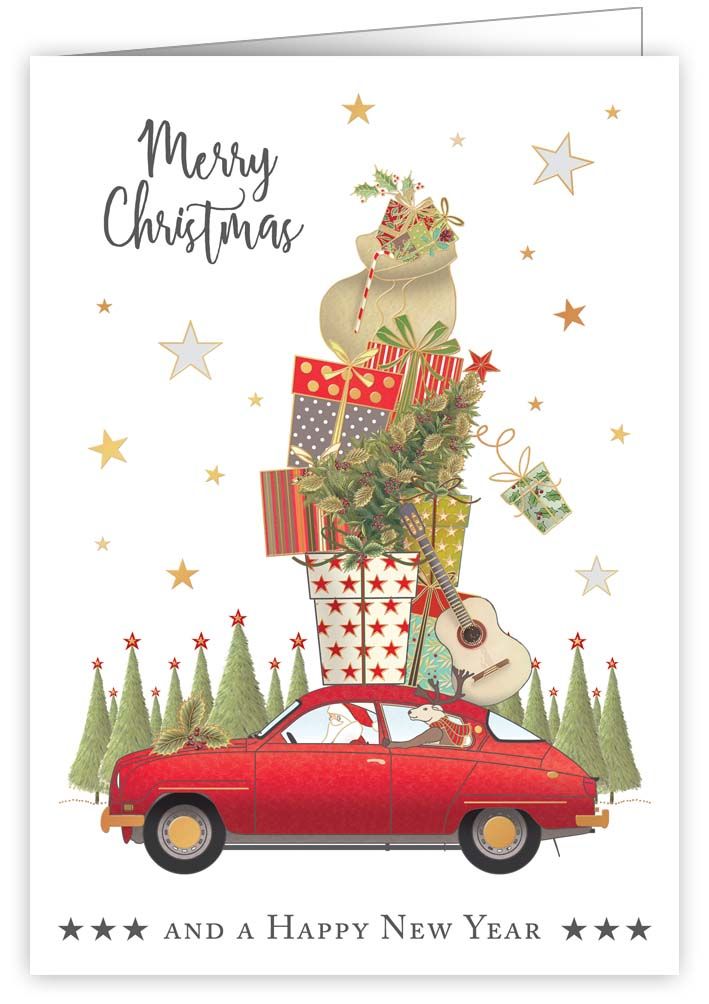 Santa Driving Car With Presents, Greeting Card
