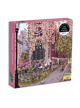 Pussel med motiv av en  blommande gata i New York. Blommor i rosa  nyanser och gula taxibilar.