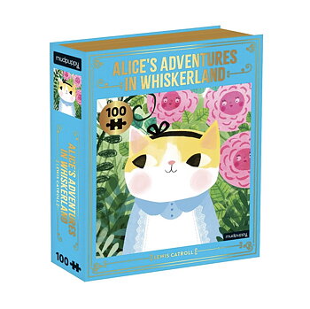 Gulligt pussel i en blå ask. Motivet är en söt liten katt som föreställer Alice i Underlandet och blommor.