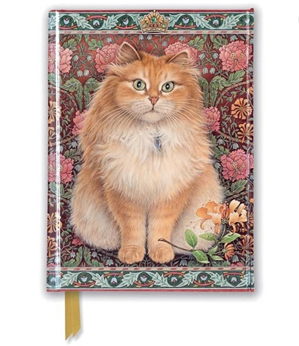 Lyxig inbunden anteckningsbok med en fluffig orange-vit katt och blommor som motiv.  Metallic-effekt