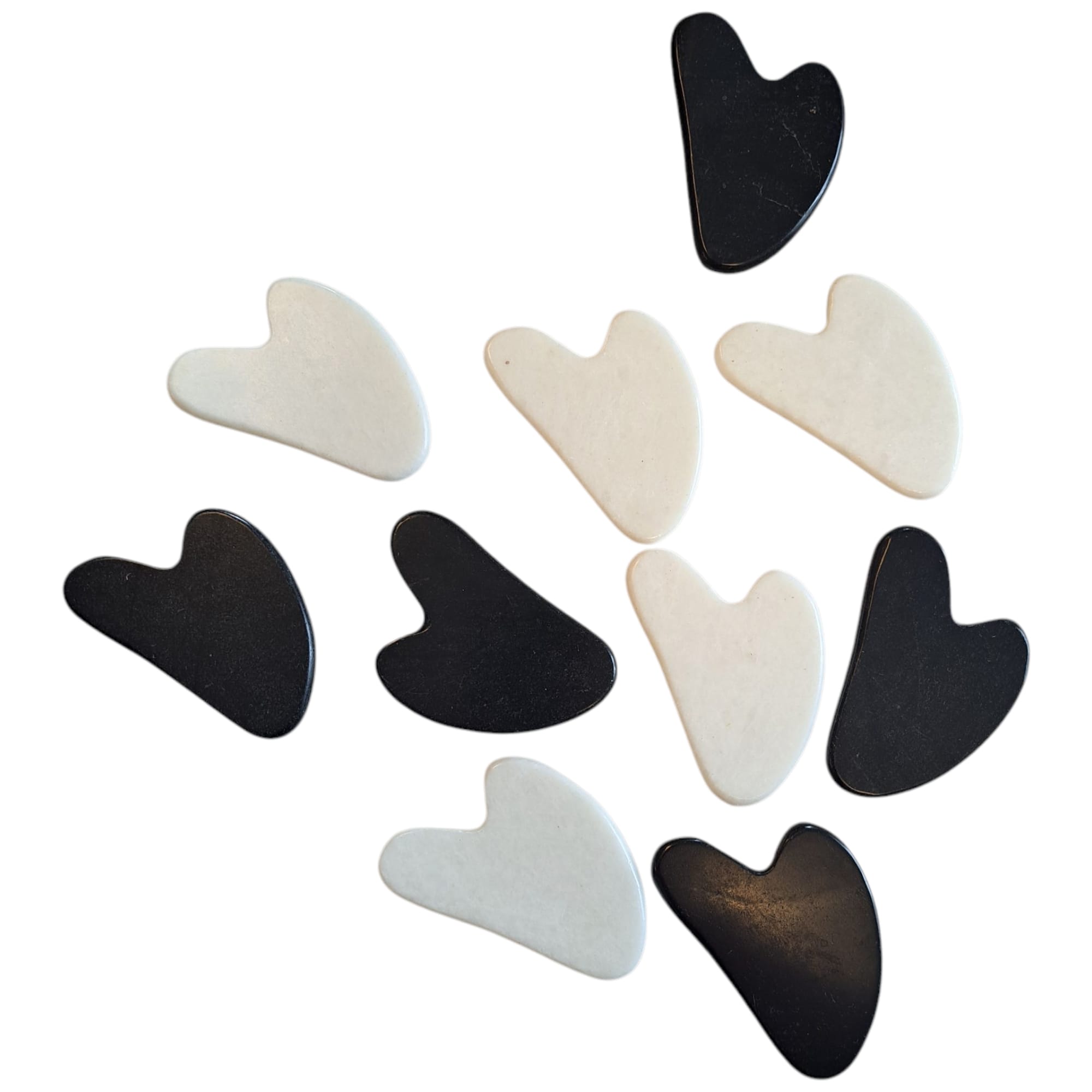 Heart Shaped Gua Sha  Massage Tool Black Obsidian and White Marble, 4-pack eller 10-pack från
