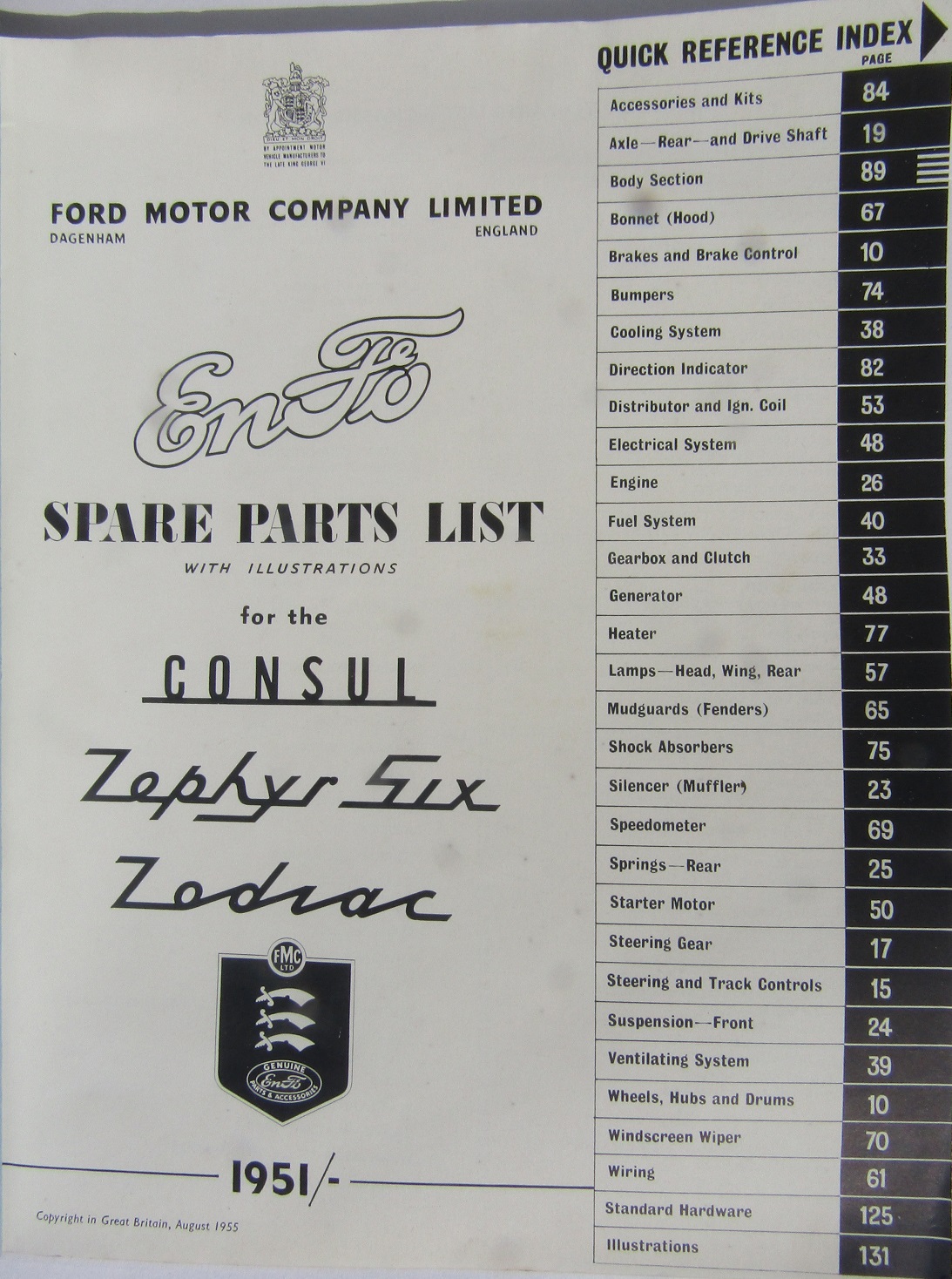 1951-1955 Ford Consul, Zephyr Six, Zodiac Spare Parts List - 2