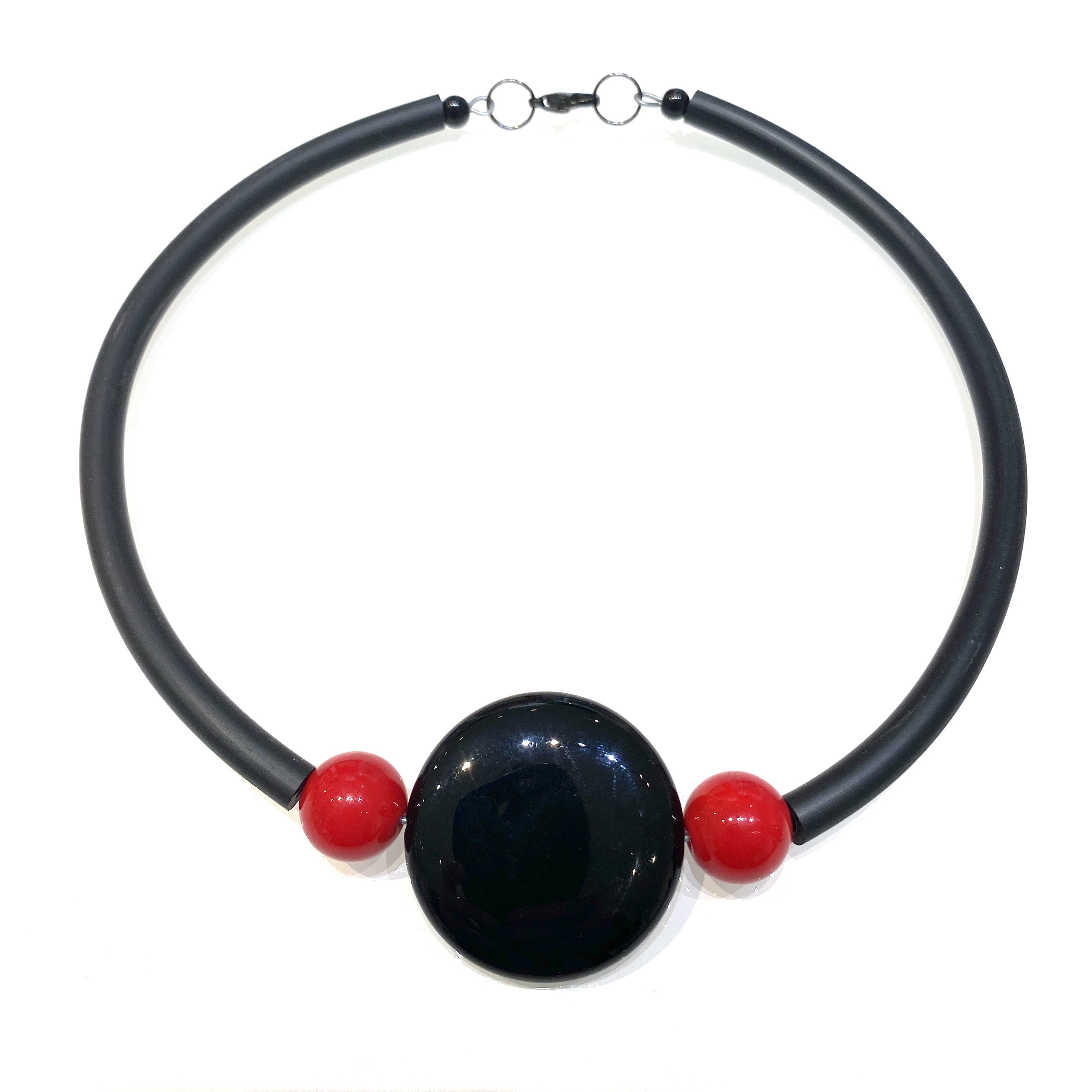 Halsband Gummi Svart Onyx Rött Snäcksskal - 2