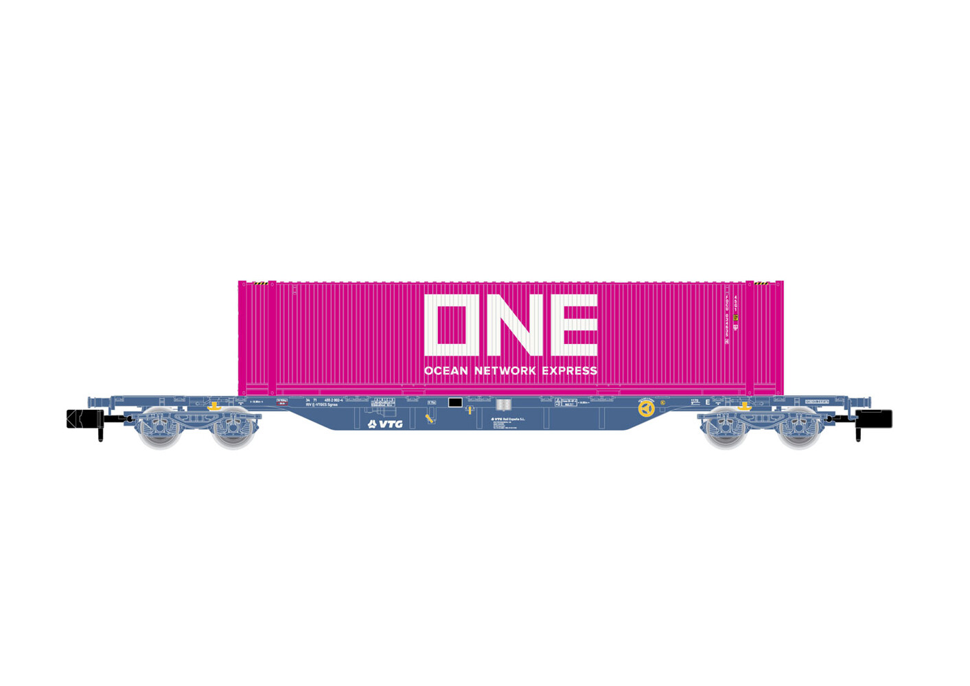 VTG, 4-axle container flat wagon, loaded with pink 45' container "ONE", ep. VI