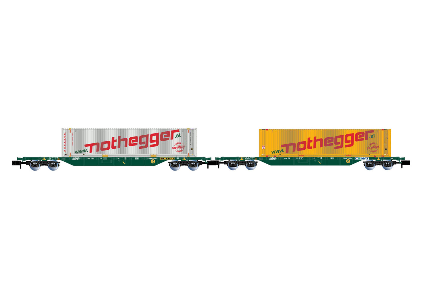 2-unit pack 4-axle container wagons, green livery, loaded with 45' containers "nothegger" (1 x white and 1 x yellow), ep. V-VI