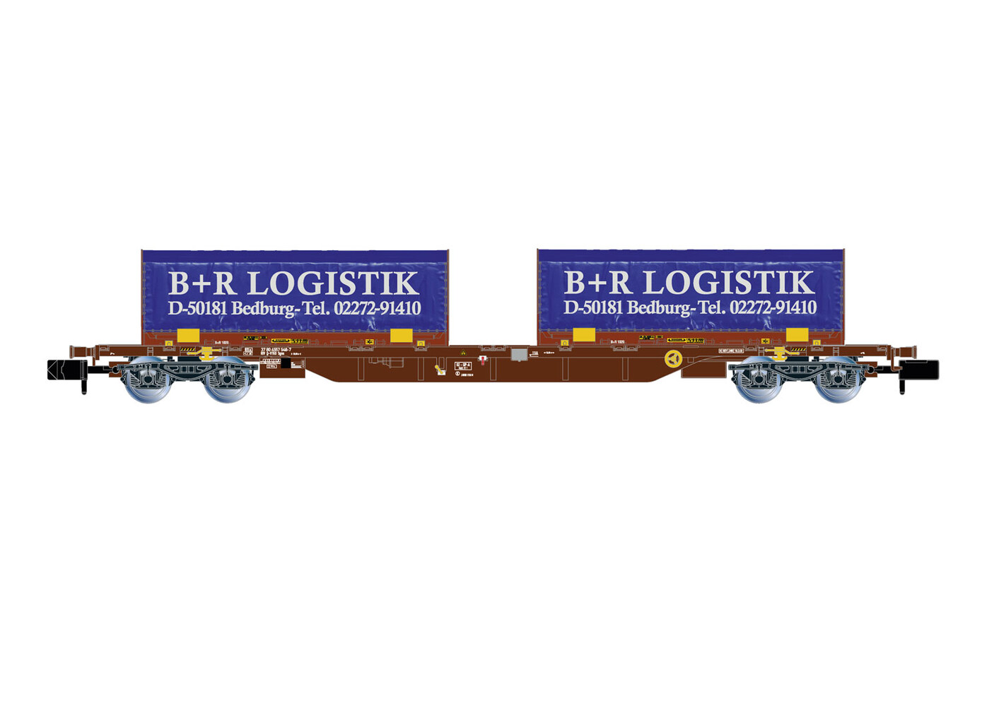 4-axle container wagon with 2 x blue/red 22' coil container "B+R LOGISTIK Bedburg"