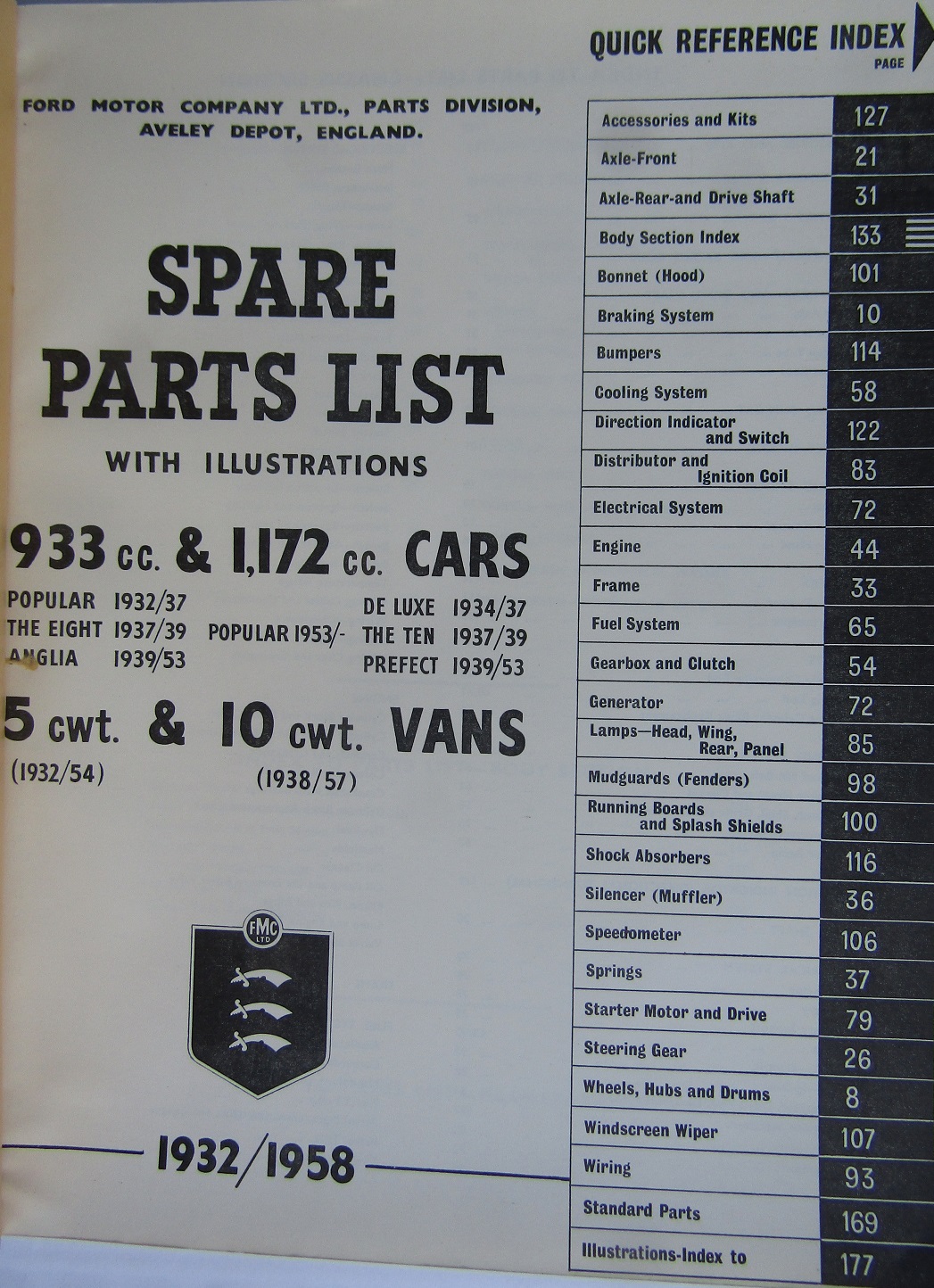 1932-1958 Ford Anglia, Prefect, Escort, Squire, Popular and Thames 5 cwt & 10 cwt Vans  Spare Parts List - 2