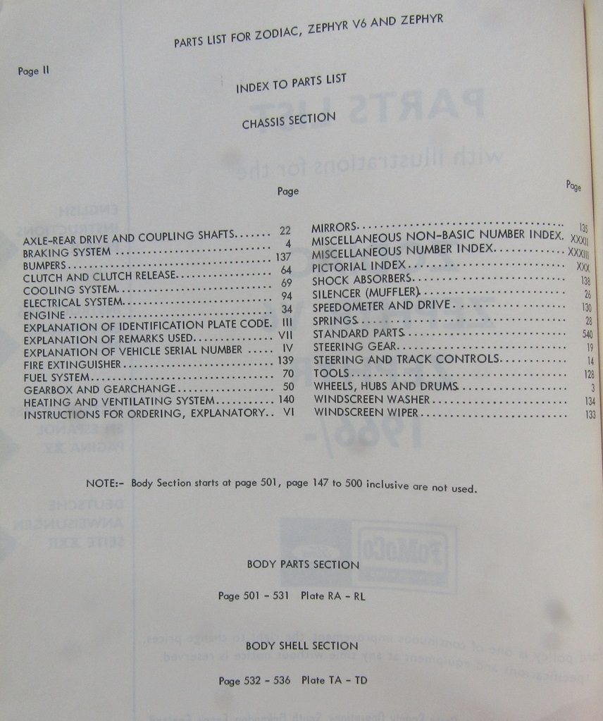 1966 Ford Zodiac, Zephyr V6,  Zephyr Parts List - 2
