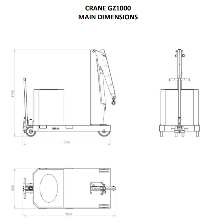 Mobil verkstadskran GZ1000, Maxlast: 1000-500 kg / Max utligg : 1250 mm - 2