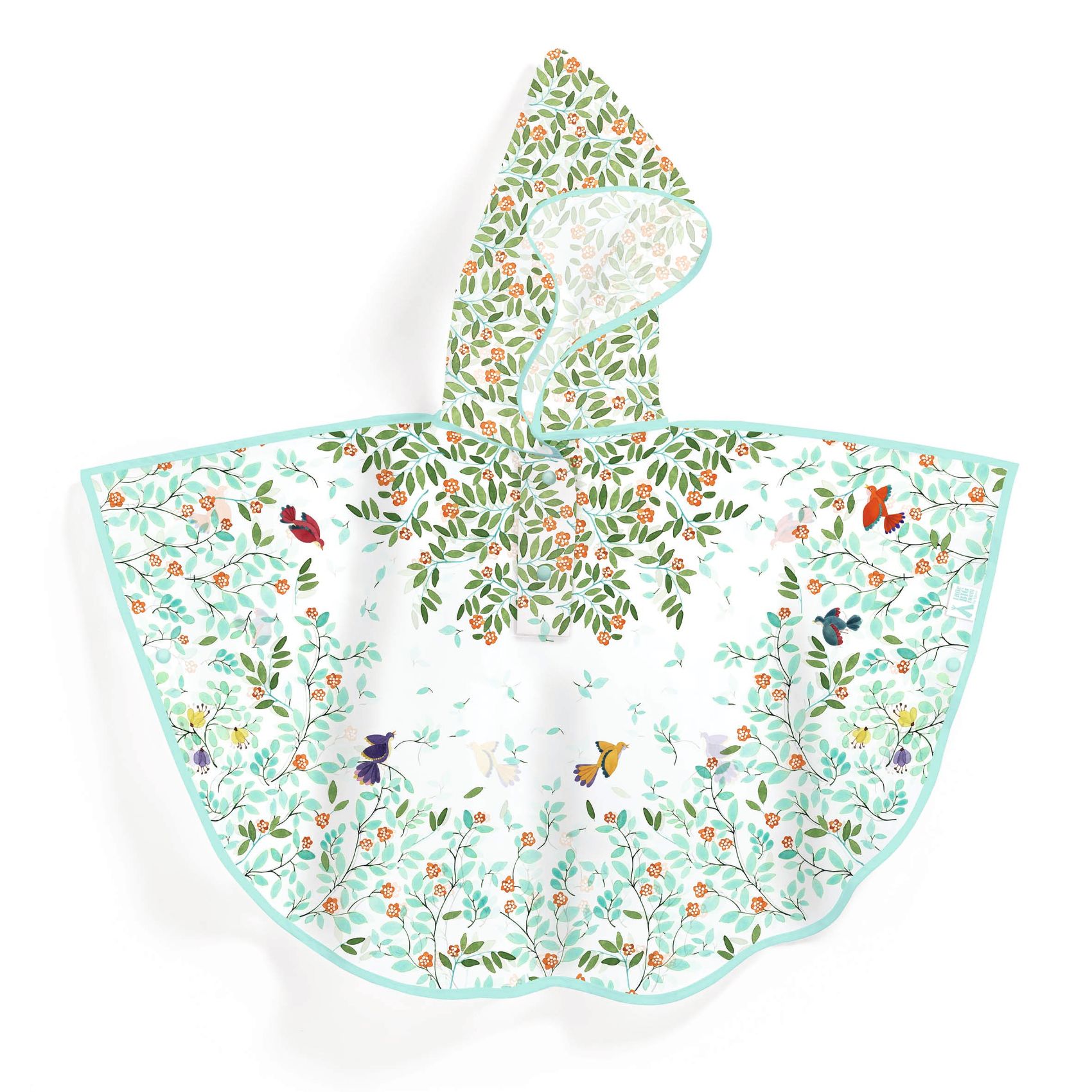 Regnponcho i halvtransparent material, med ett fint blommönster och detaljer i turkost. Ca 5-7 år