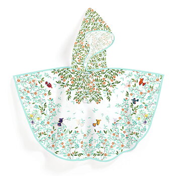 Regnponcho i halvtransparent material, med ett fint blommönster och detaljer i turkost. Ca 5-7 år