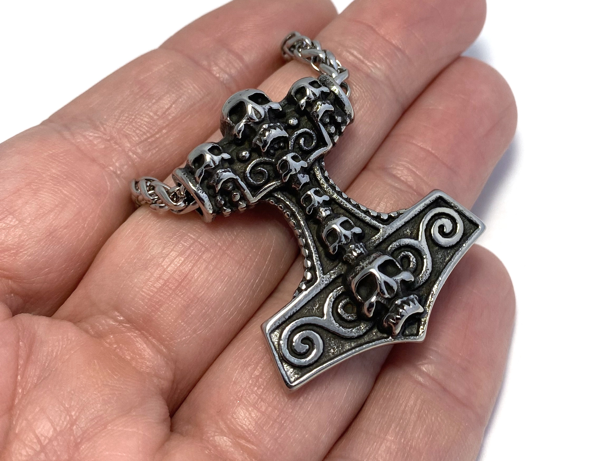 Torshammare med Döskallar Halsband i Rostfritt Stål, Viking Hänge, Mjölner Smycke - 4