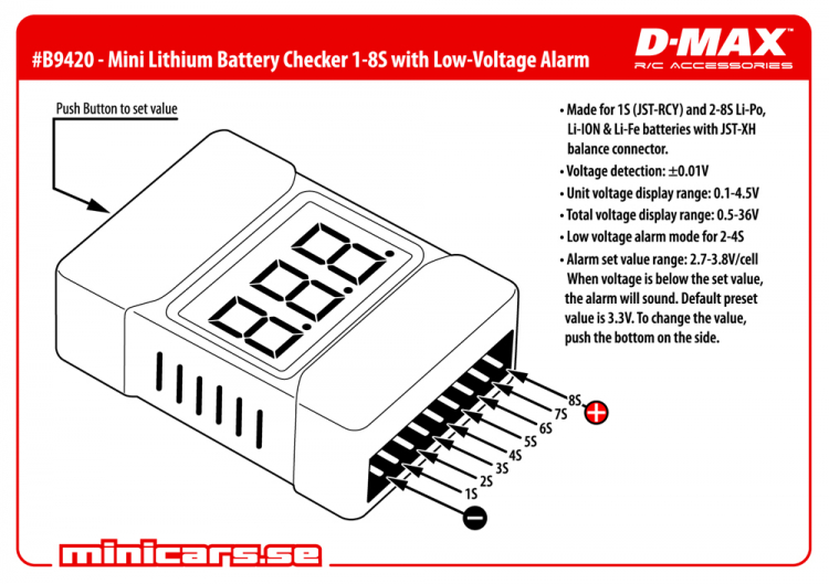 D-Max b9420 Lithium Voltage Cell Checker with Alarm 1-8s - 2