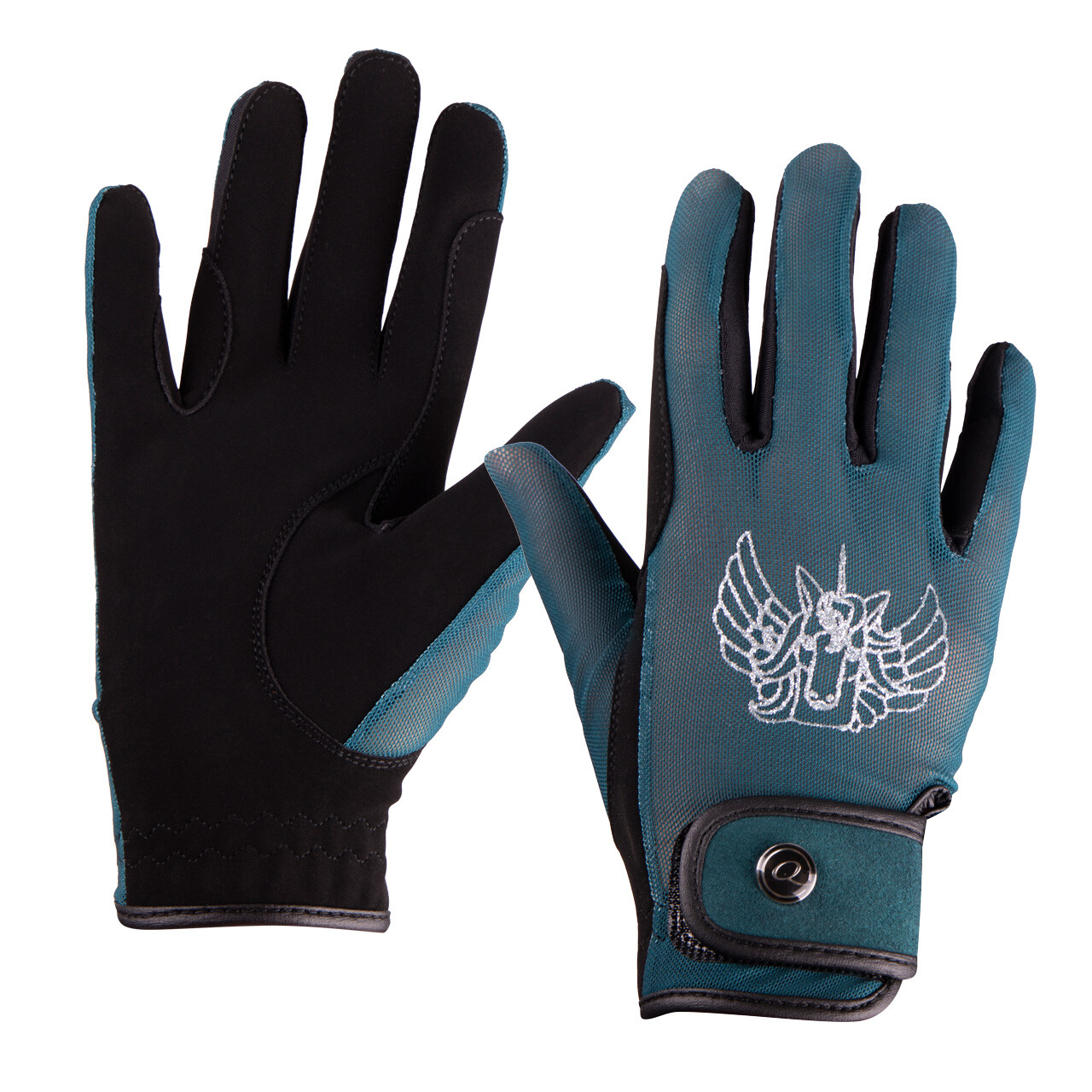 Ridhandske barn med glittrig unicorn - teal