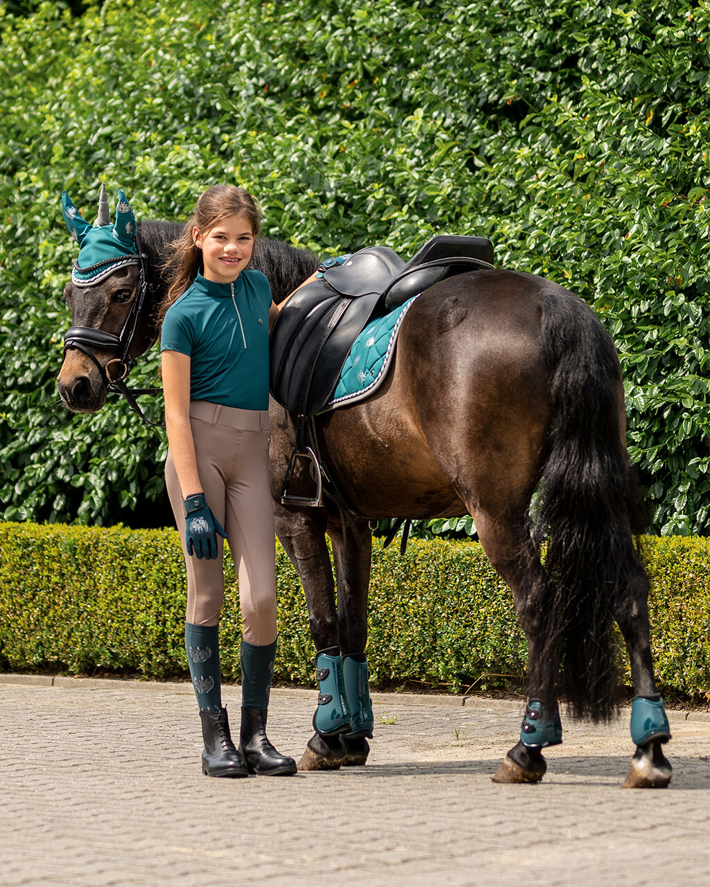 Ridhandske barn med glittrig unicorn - teal