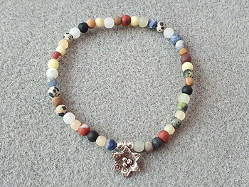 4mm rund matt stenmix  med blomma armband, 925-silver