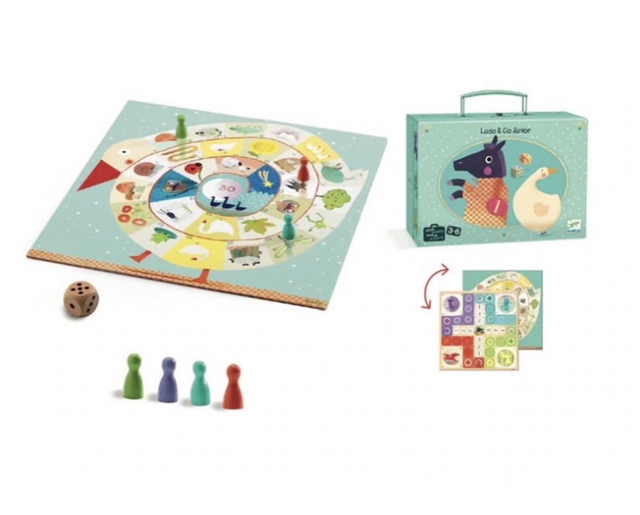 Väskan innehåller en vändbar spelplan, en tärning och fyra spelpjäser