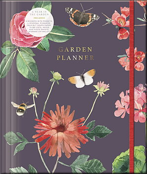 Mörkt plommonlila planeringskalender med blommor och fjärilar, med texten Garden Planner i guld.