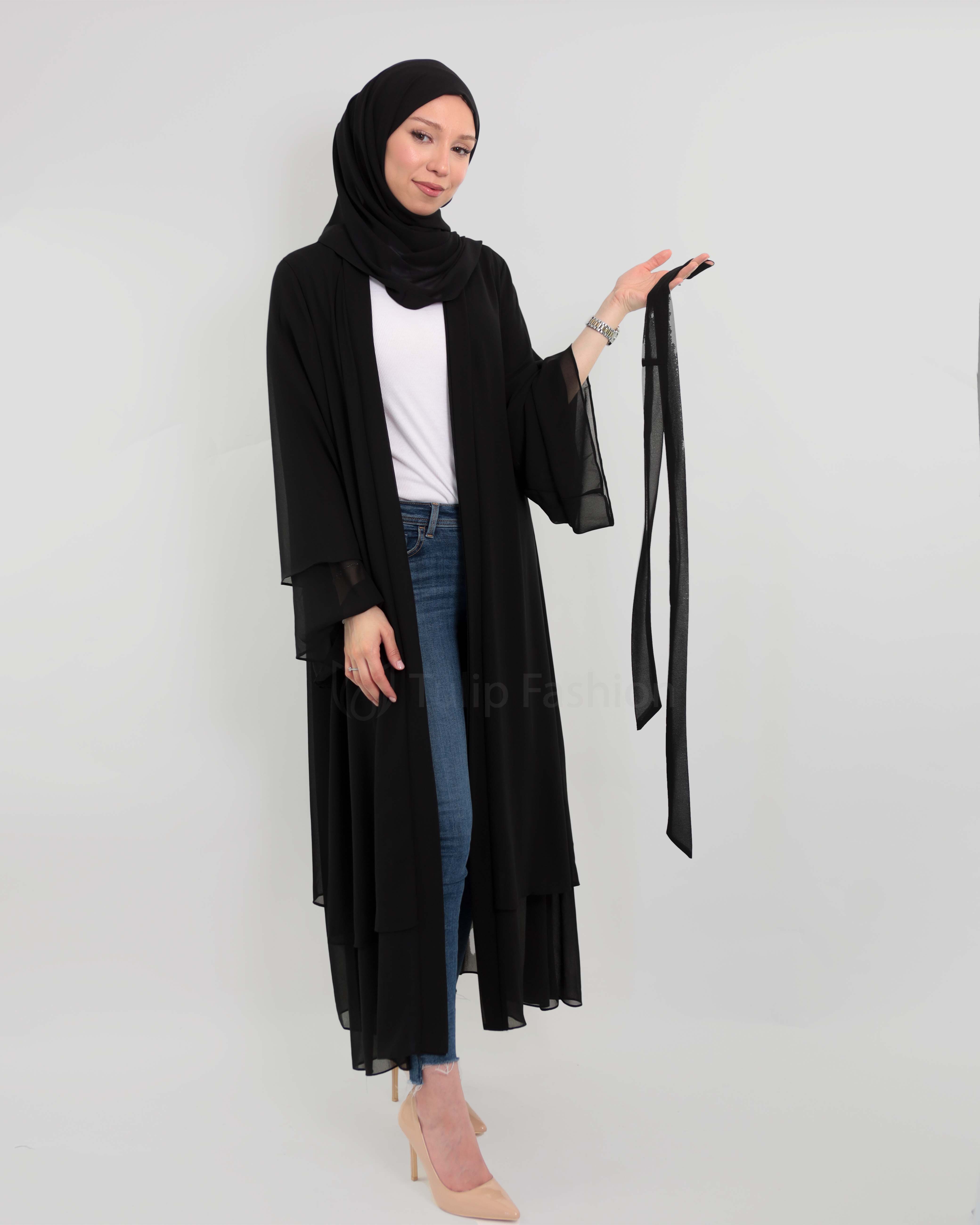 Chiffon open Abaya - Black - 3