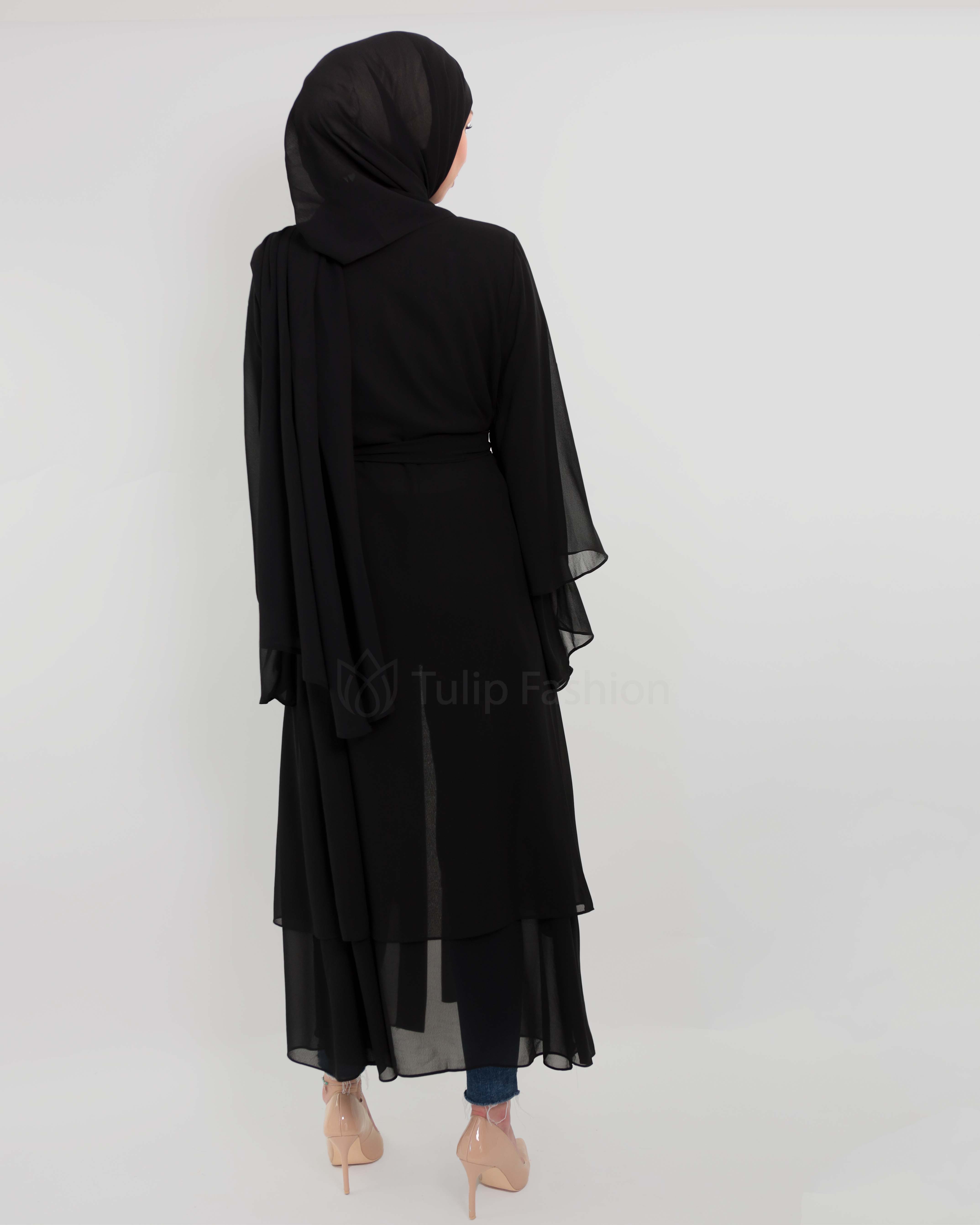 Chiffon open Abaya - Black - 5