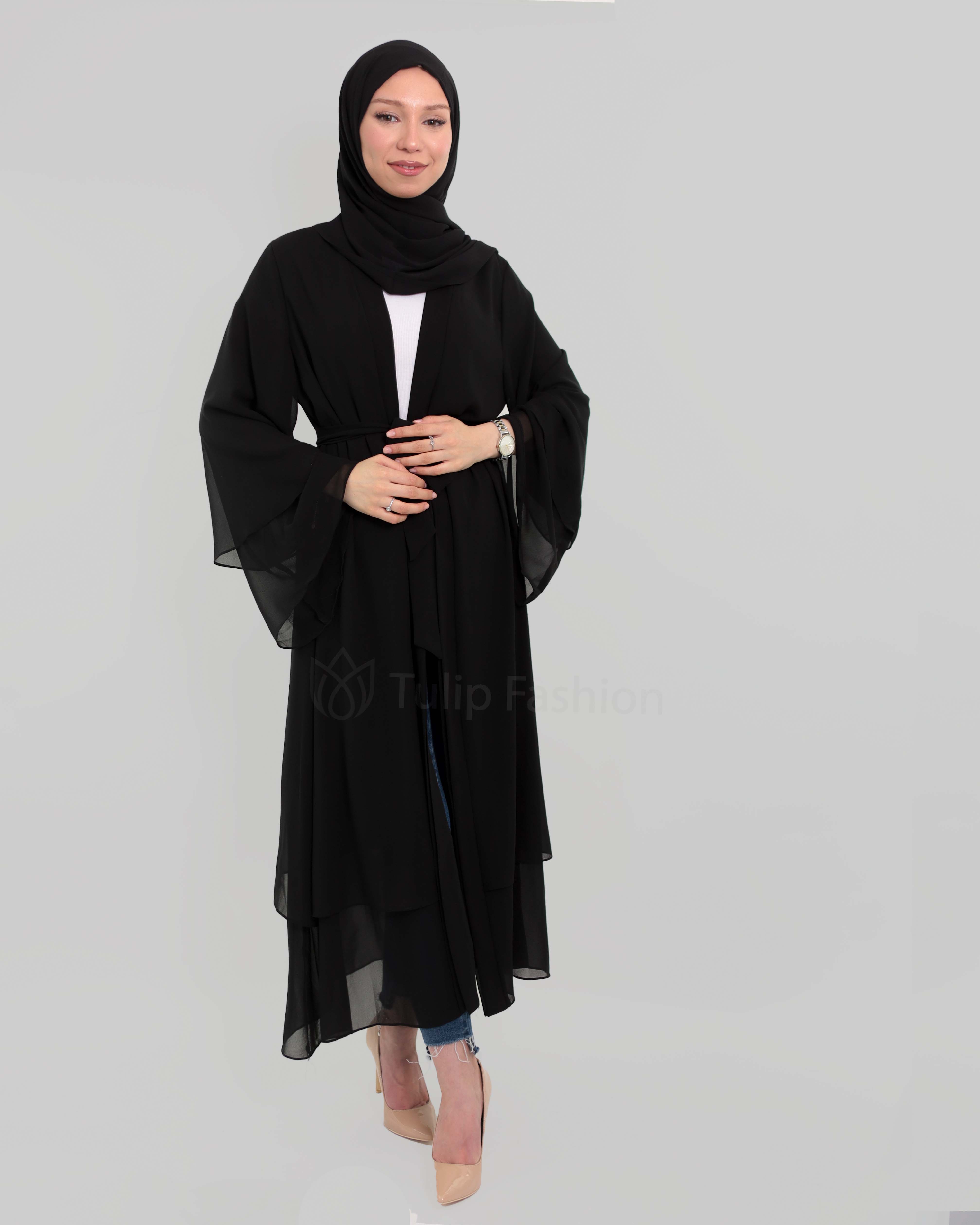 Chiffon open Abaya - Black - 2
