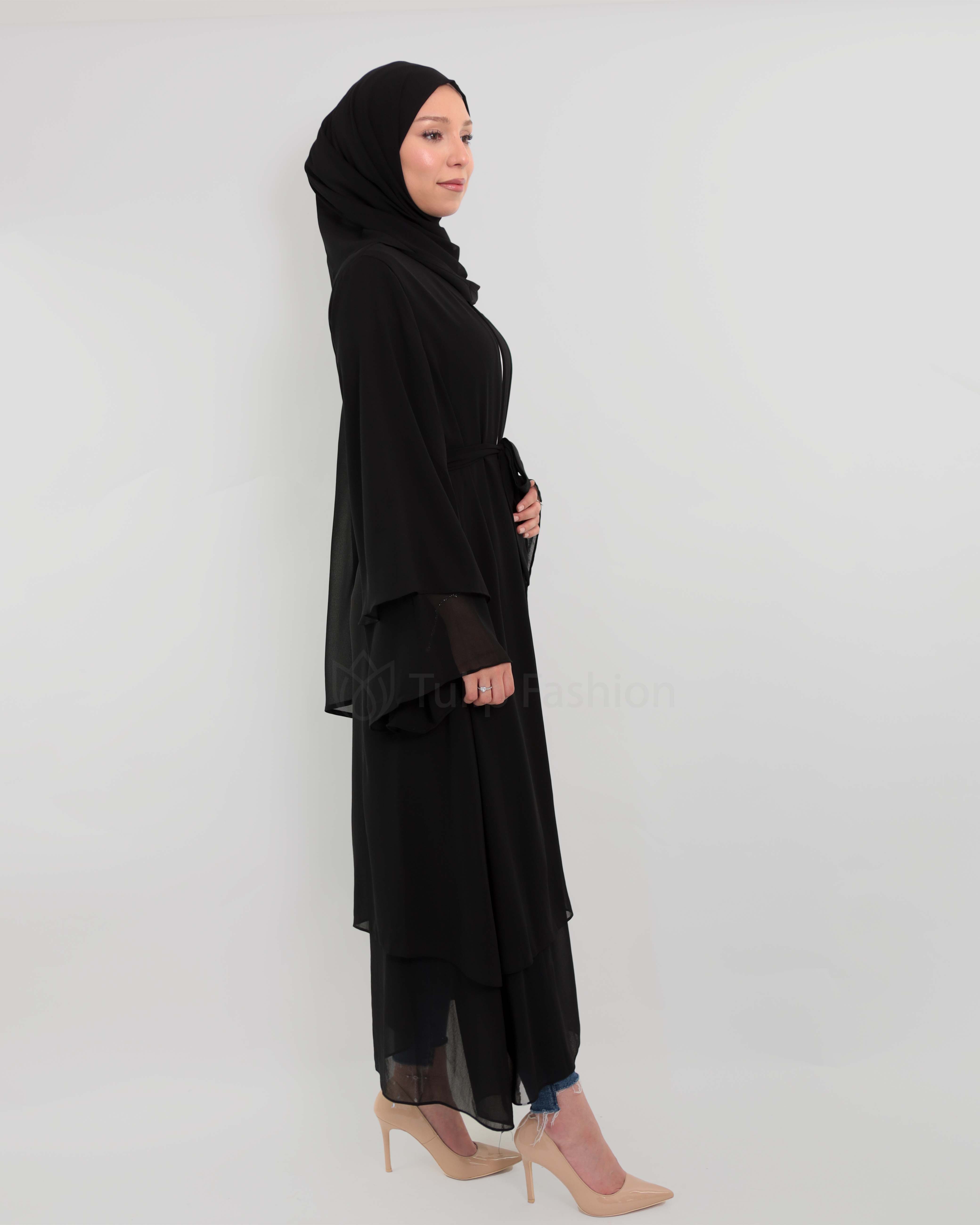 Chiffon open Abaya - Black - 4