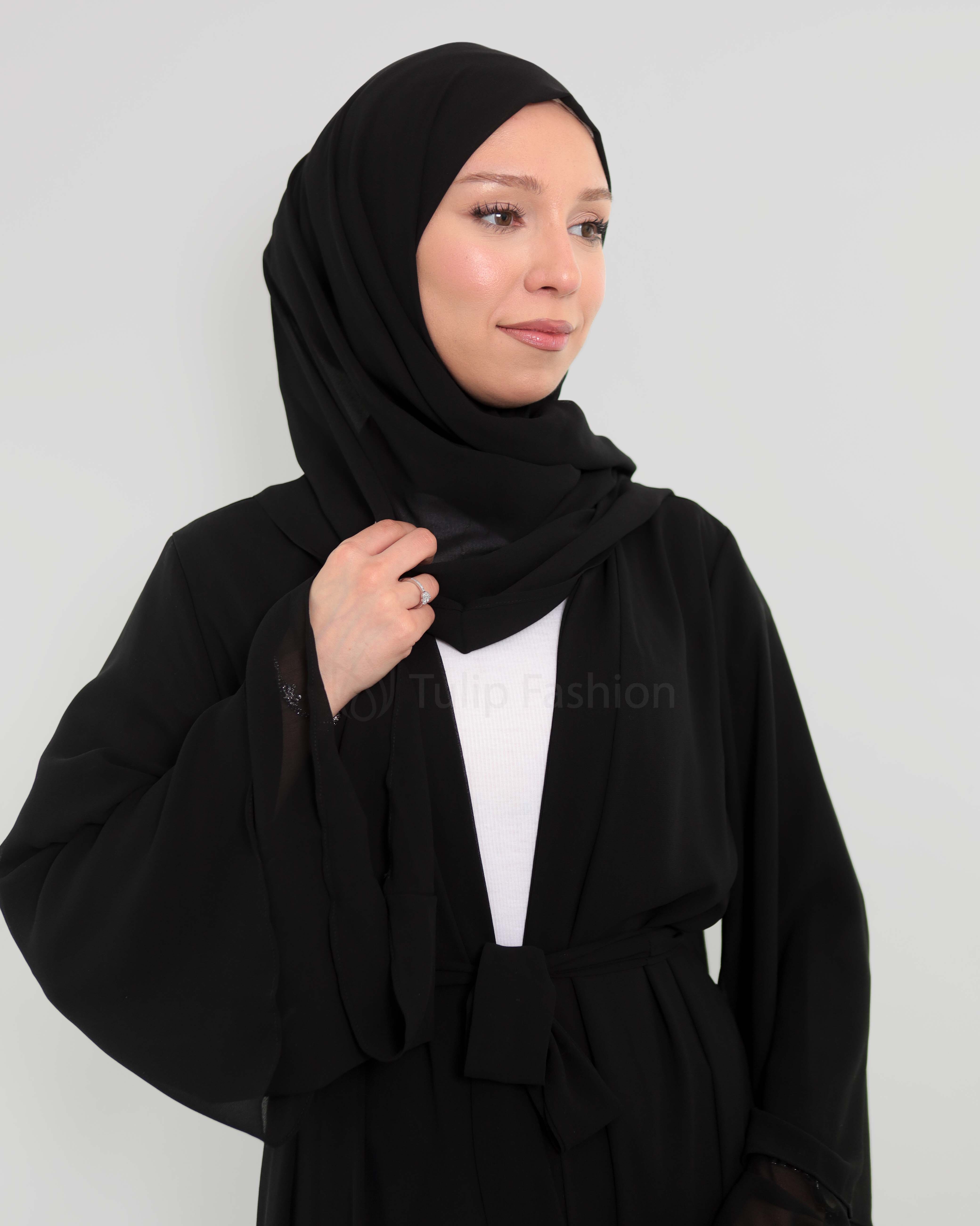 Chiffon open Abaya - Black - 7