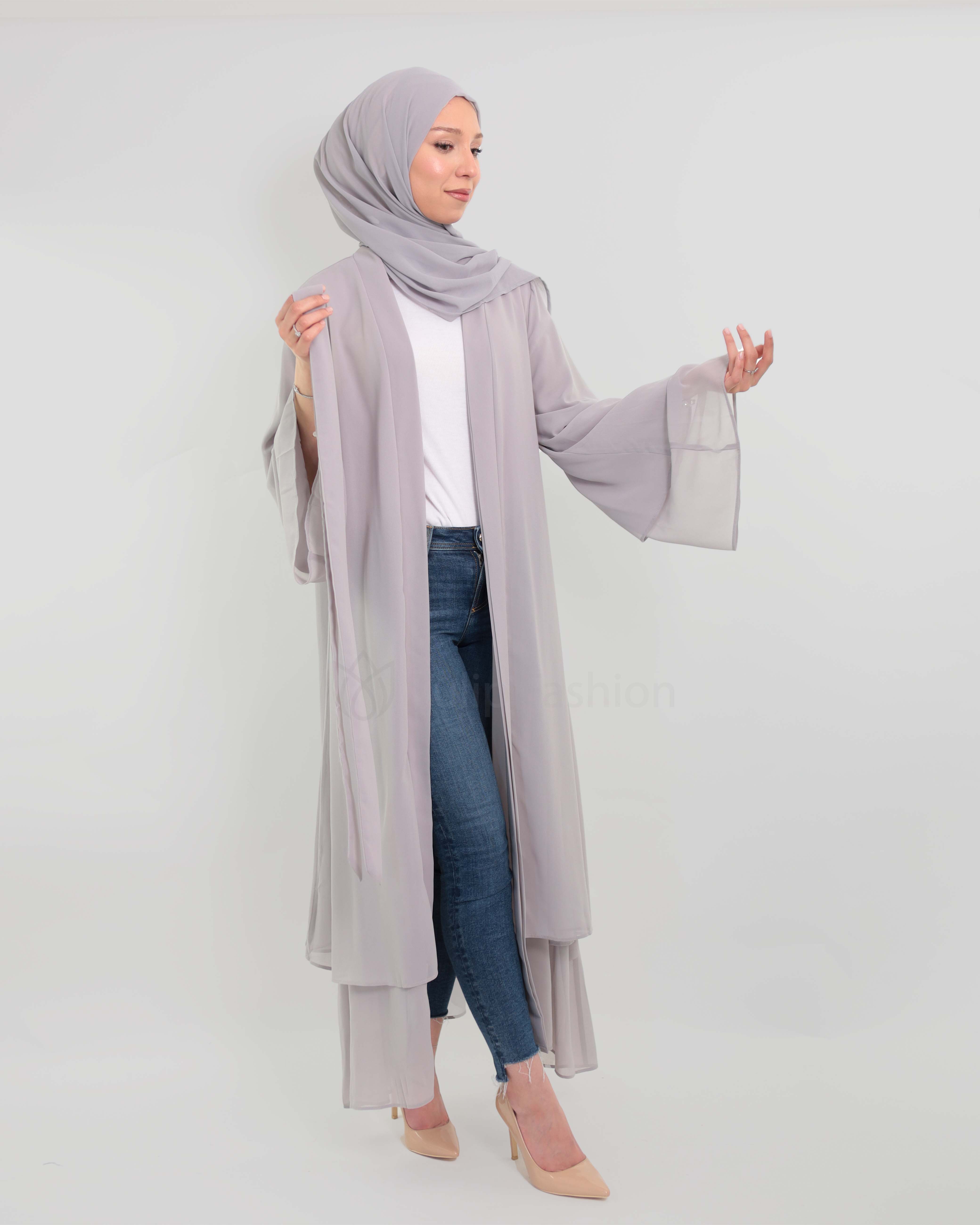 Chiffon open Abaya - Gray - 4