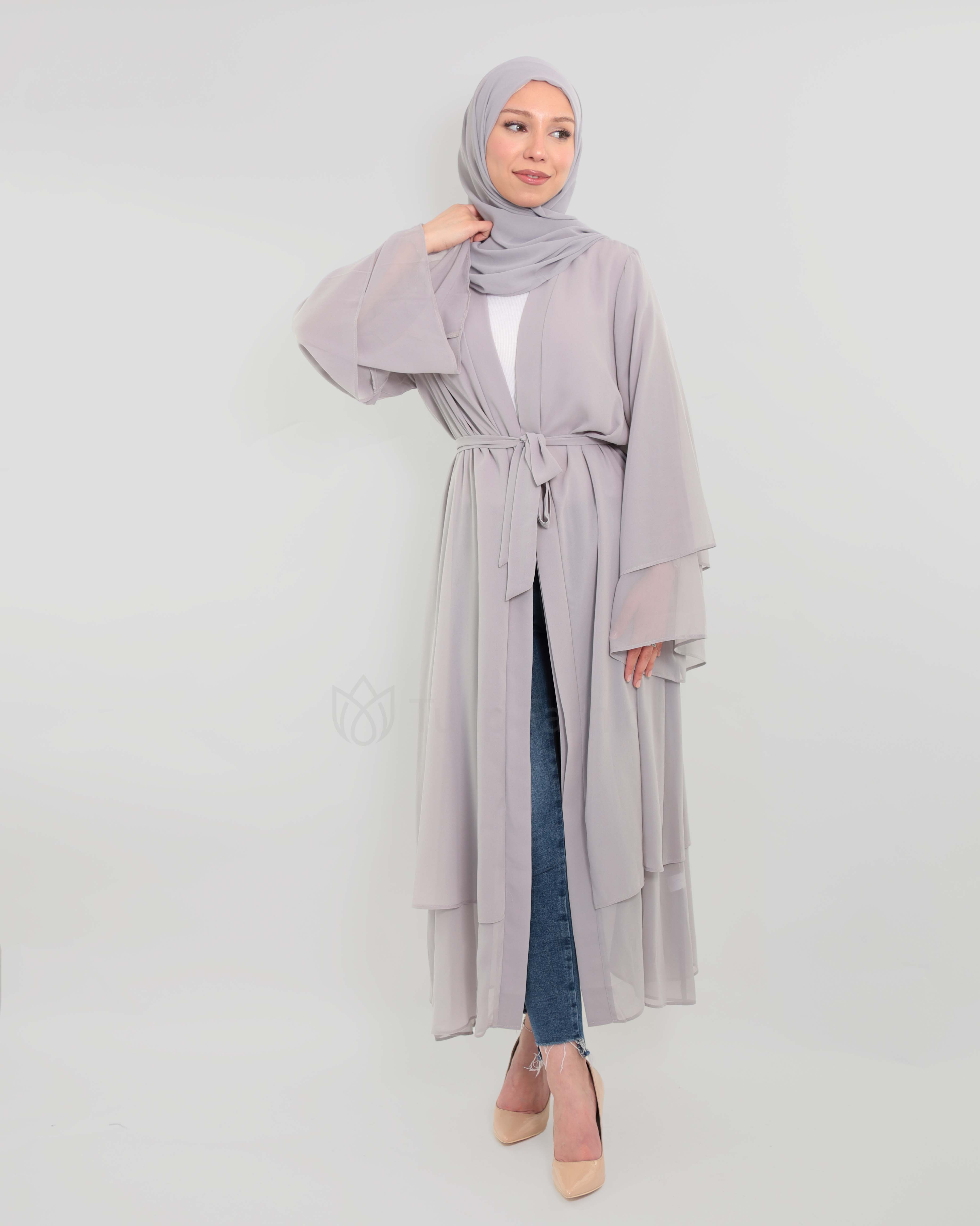 Chiffon open Abaya - Gray - 3