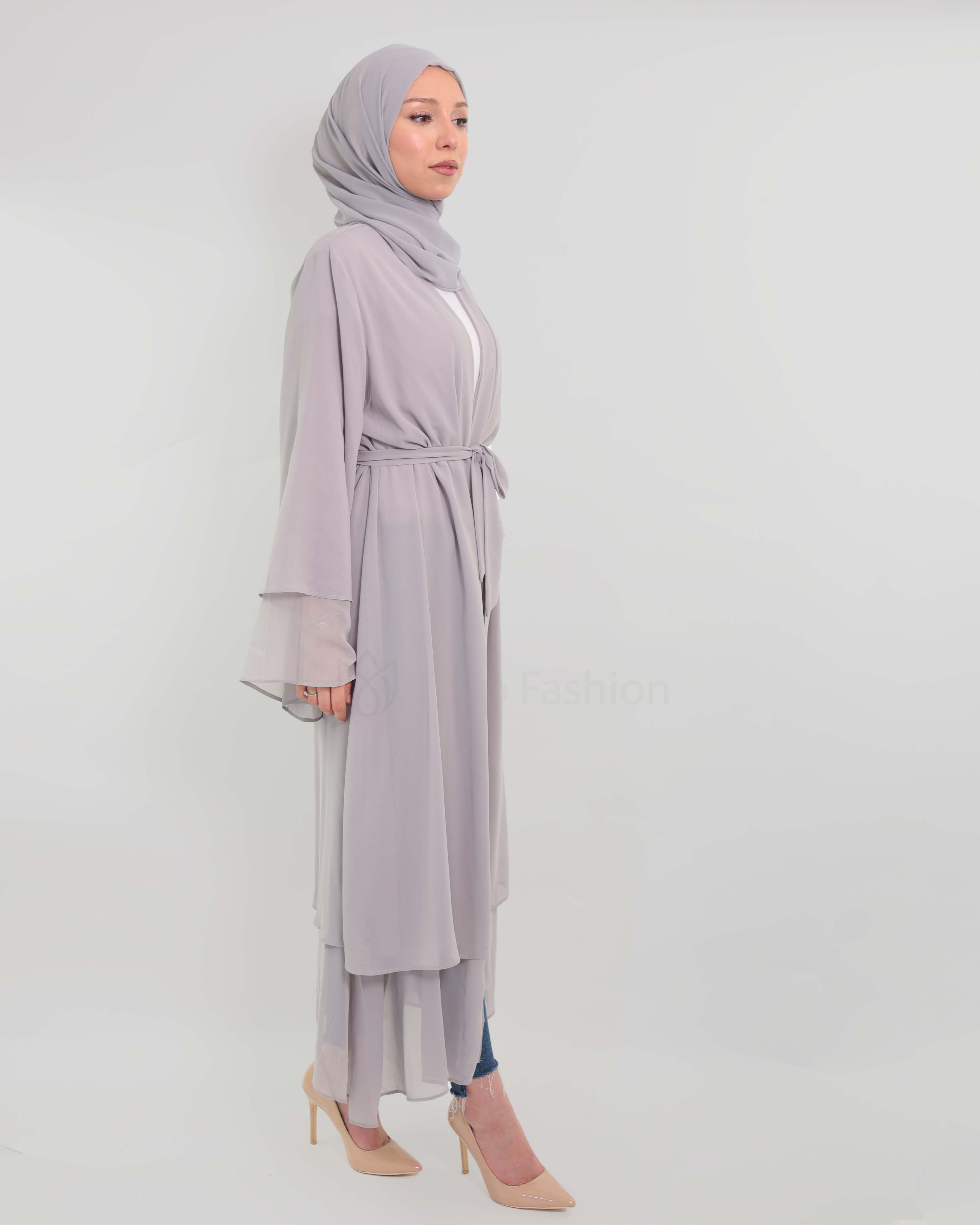 Chiffon open Abaya - Gray - 5