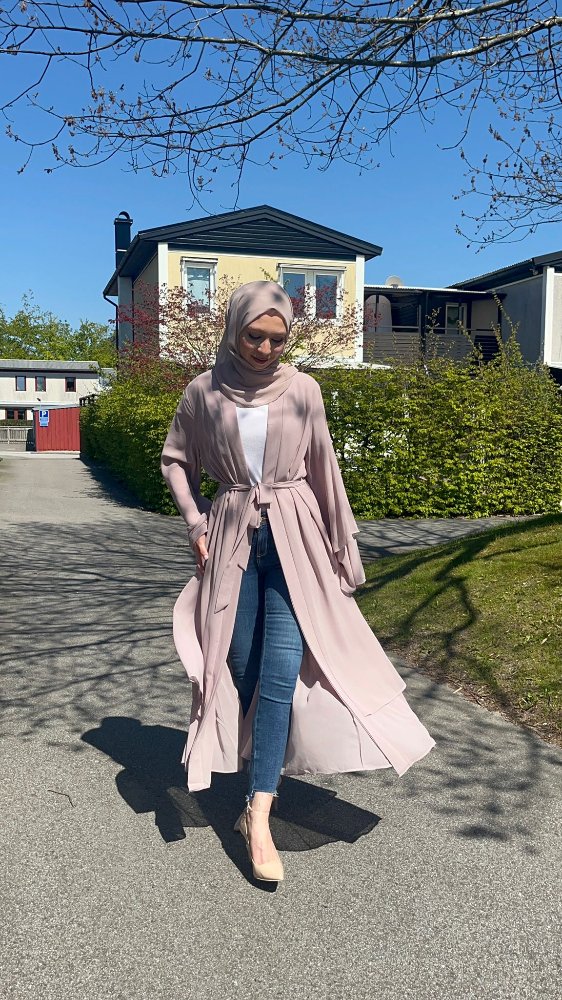 Chiffon open Abaya - Nude Beige - 7