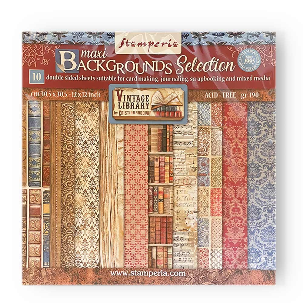 Stamperia - Maxi Background selection - Vintage Library - 10 olika dubbelsidiga ark 12x12"