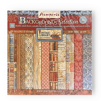 Stamperia - Maxi Background selection - Vintage Library - 10 olika dubbelsidiga ark 12x12"