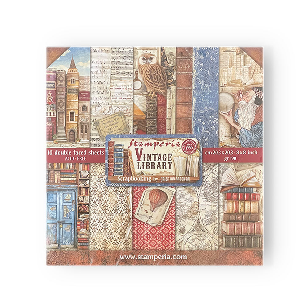 Stamperia - Vintage Library - 10 olika dubbelsidiga ark 8x8"