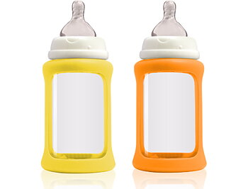 To sippy-flasker i glas med bred hals i orange og gul