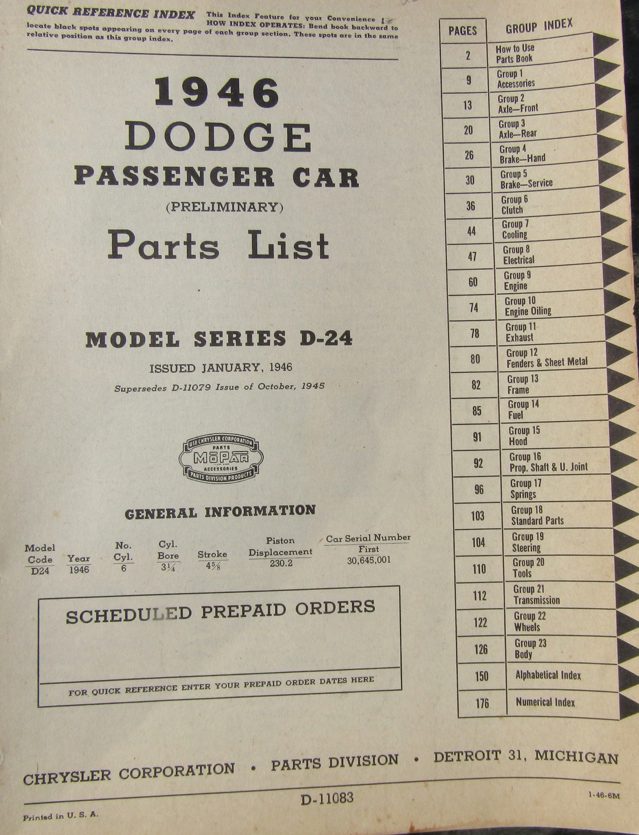 1946 Dodge D24 Passenger Car Parts List - 2