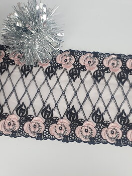 Black non-stretch lace with pink flowers on a white background