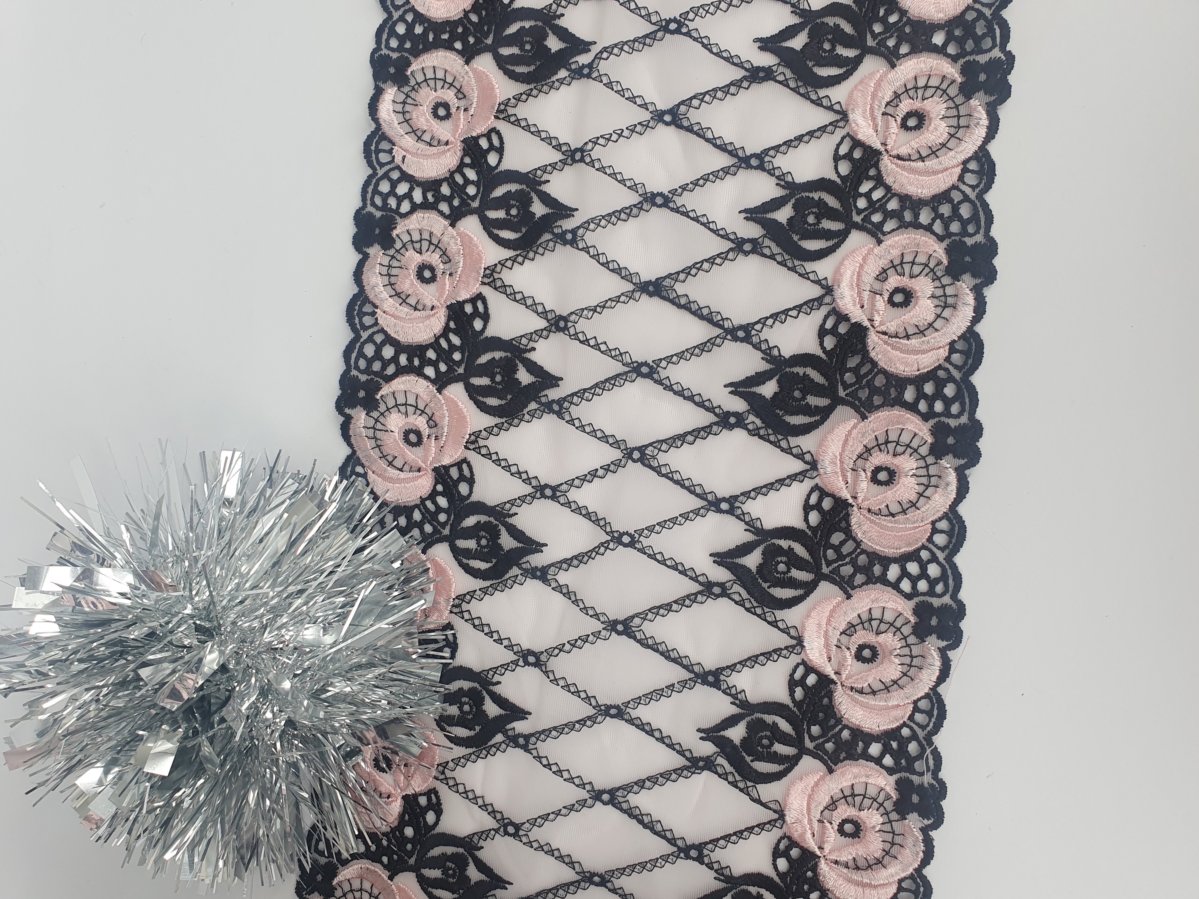 Black non-stretch lace with pink flowers on a white background - 2