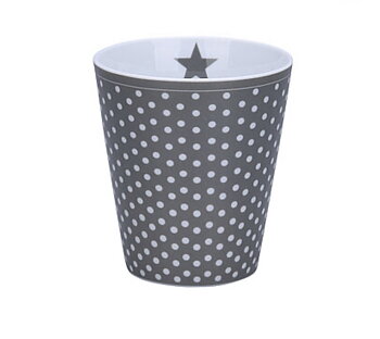 Porslinsmugg utan handtag från Krasilnikoff. Mörkt grå med små vita prickar. Happy Mugs