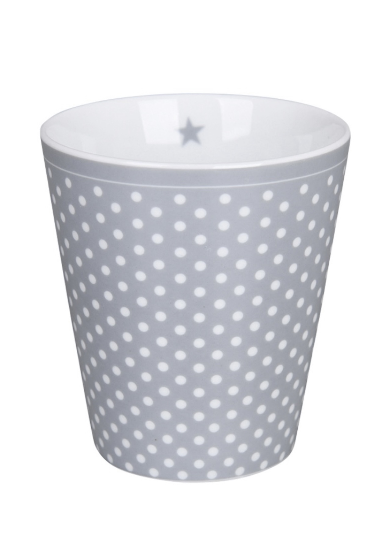 Porslinsmugg utan handtag. Happy Mugs Dots Krasilnikoff. Ljust grå med små vita prickar.