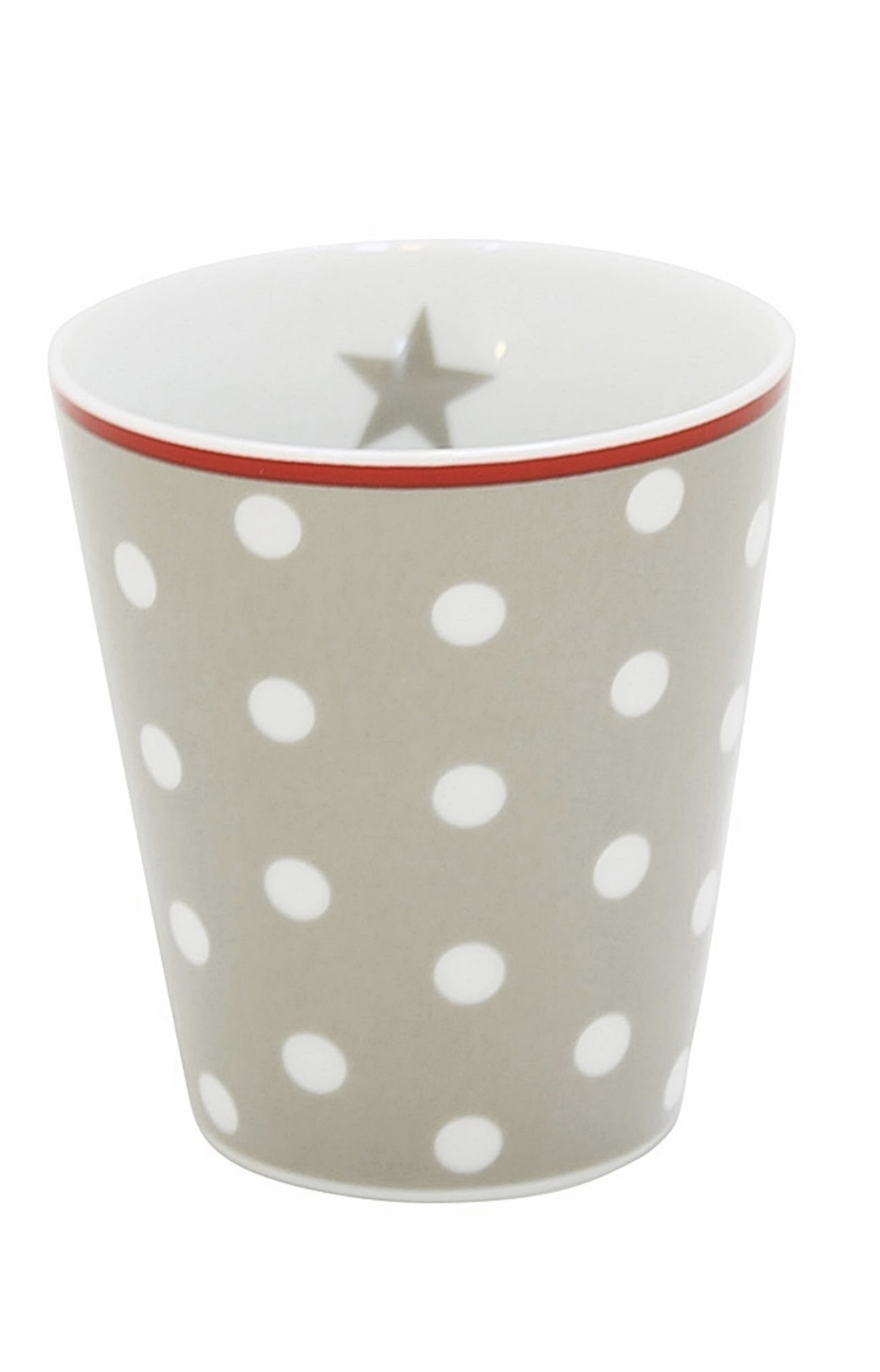 Porslinsmugg utan handtag. Beige/taupe med vita prickar. Happy mugs, Krasilnikoff.