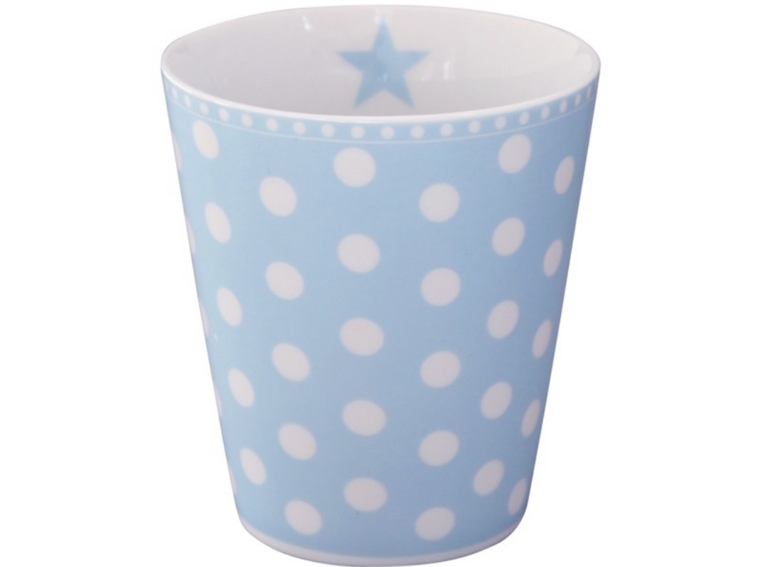 Happy mug Dots. Porslinsmugg utan handtag, från Krasilnikoff. Ljusblå med vita prickar.