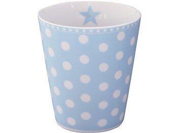 Happy mug Dots. Porslinsmugg utan handtag, från Krasilnikoff. Ljusblå med vita prickar.