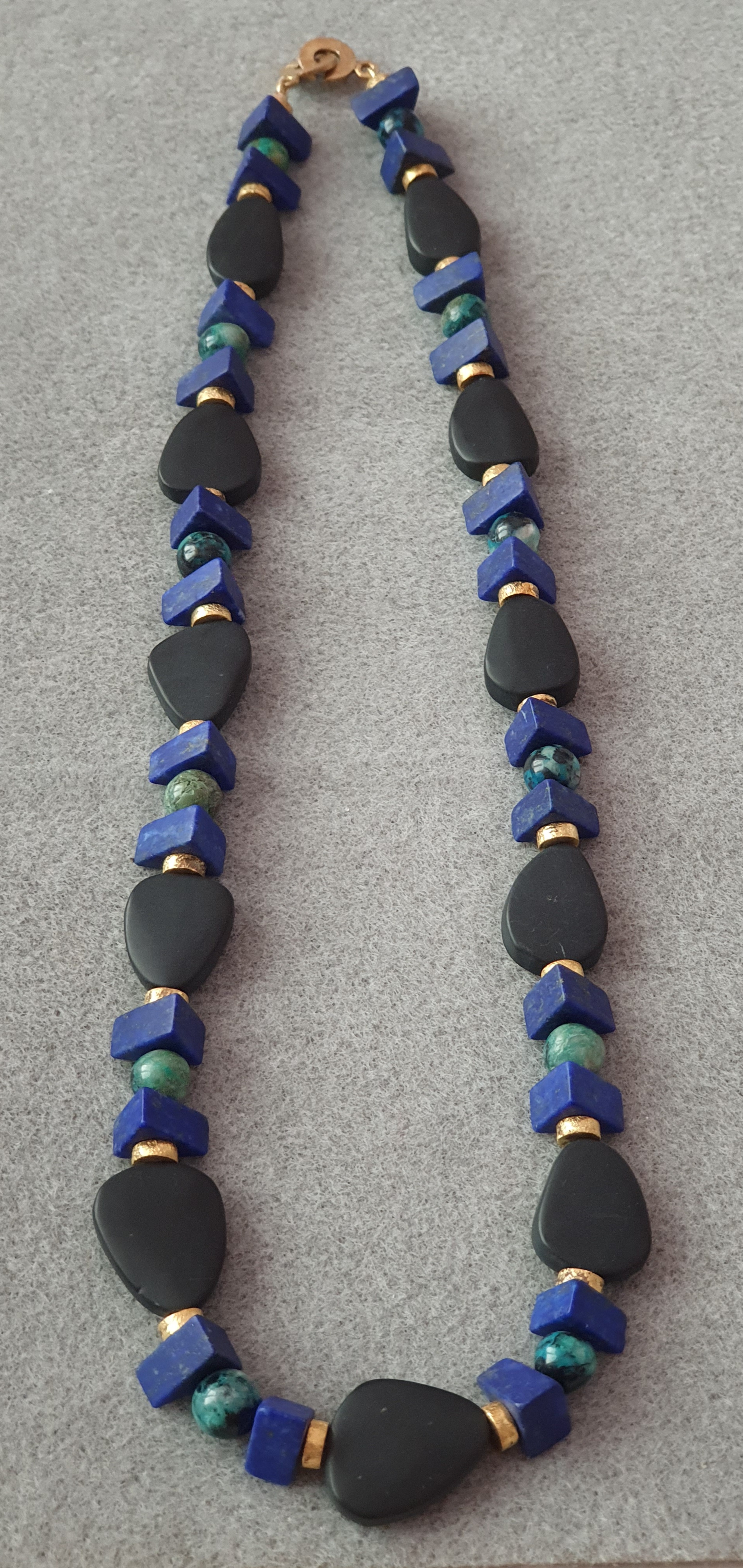 Matt obisidian, Lapis lazulioch krysokolla halsband fg 925-silver